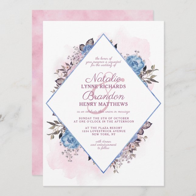 Invitation Mariage de charme parisien bleu & rose diamant (Devant / Derrière)