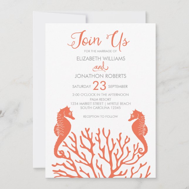 Invitation Mariage de cheval de mer de corail (Devant)