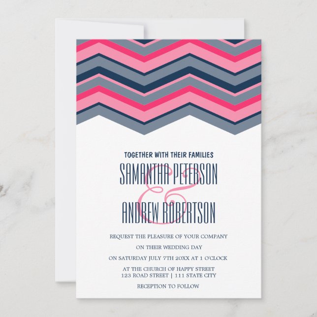 Invitation Mariage de chevron bleu marine rose néon (Devant)