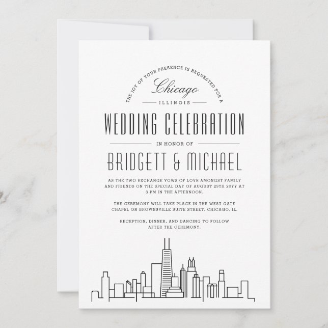 Invitation Mariage de Chicago | Ligne Skyline Déco Moderne (Devant)