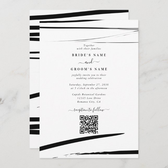 Invitation Mariage de code QR Abstrait noir moderne (Devant / Derrière)