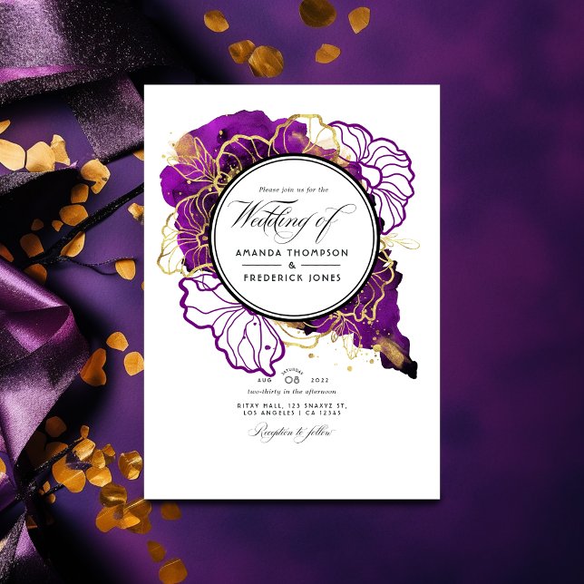 Invitation Mariage de code QR Abstrait violet et or (Créateur téléchargé)