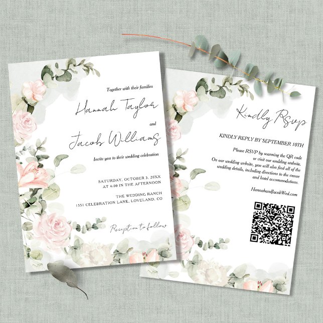 Invitation Mariage de code QR de couleur rose et gris vert (Créateur téléchargé)