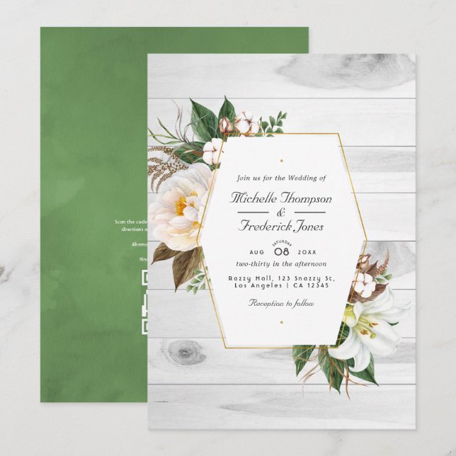 Invitation Mariage de code QR de grange rustique florale blan (Devant / Derrière)