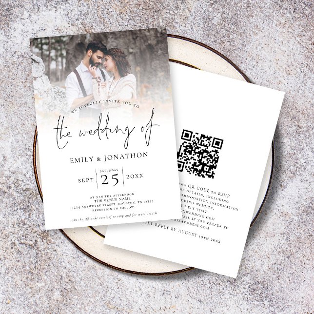 Invitation Mariage de code QR de la photo de script moderne (Front and back view. Available printed or as a digital download)