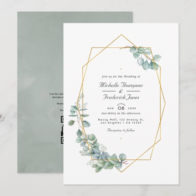 Invitation Mariage de code QR de l'Eucalyptus géométrique de  (Devant / Derrière)