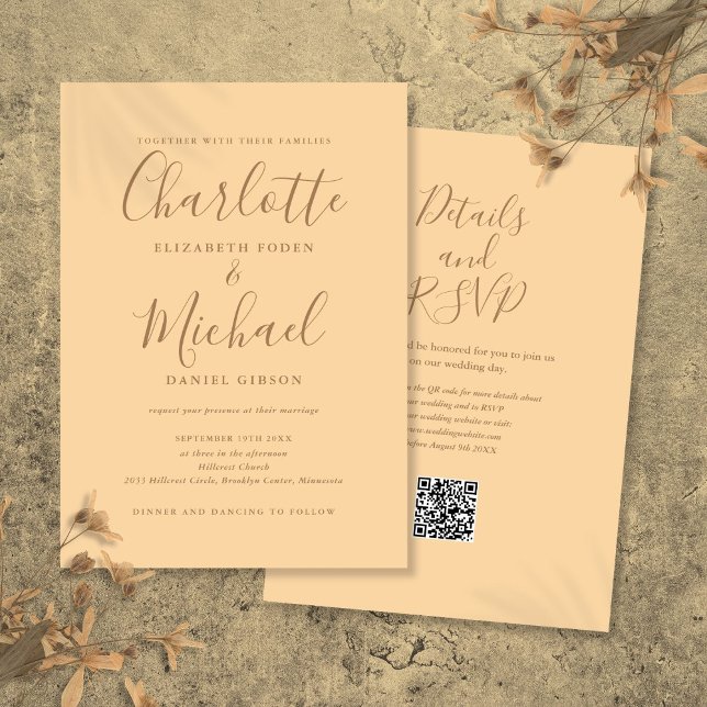 Invitation Mariage de code QR de script élégant Champagne (Champagne Elegant Script QR Code Wedding Invitation)