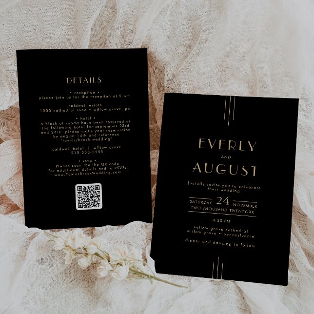 Invitation Mariage de code QR d'or noir Art Déco (EVERLY Elegant Art Deco Black Gold QR Code Wedding Invitation)