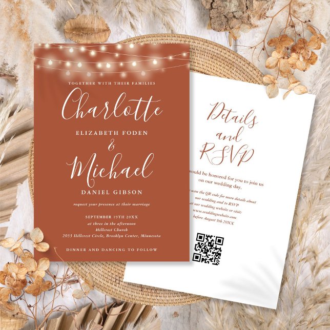 Invitation Mariage de code QR du script Terracotta Lights (String Lights Script Terracotta QR Code Wedding Invitation)