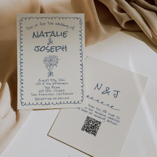 Invitation Mariage de code QR écrit bleu de la marine rétro