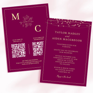 Invitation Mariage de code QR élégant au vin rouge