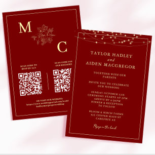Invitation Mariage de code QR Elegant rouge profond