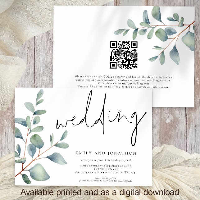 Invitation Mariage de code QR Eucalyptus de script moderne (Front and back view)