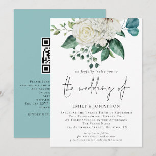 Invitation Mariage de code QR Eucalyptus Florals blancs