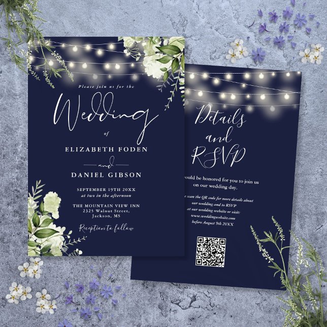 Invitation Mariage de code QR floral (Navy Blue String Lights Floral QR Code Wedding Invitation)