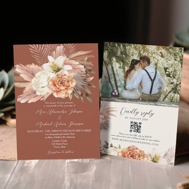 Invitation Mariage de code QR Floral Boho en terre cuite (Créateur téléchargé)