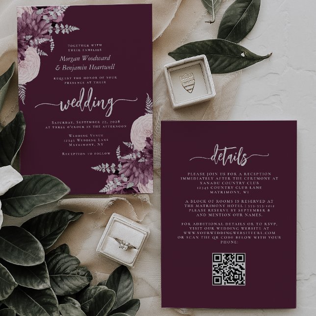 Invitation Mariage de code QR floral Mauve Silver (Créateur téléchargé)