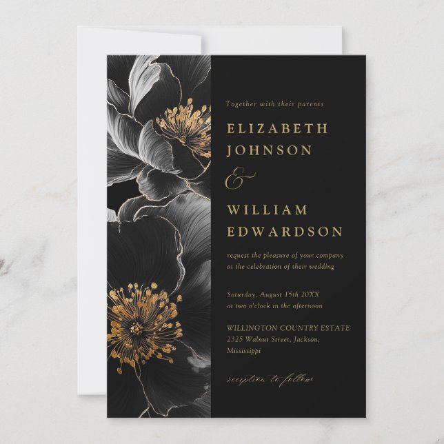 Invitation Mariage de code QR floral noir et or (Devant)