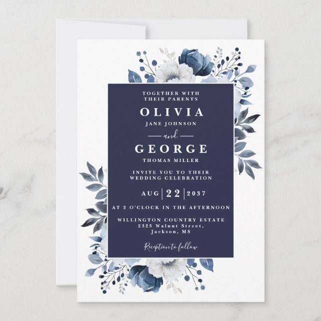 Invitation Mariage de code QR floral rustique élégant bleu ma (Devant)