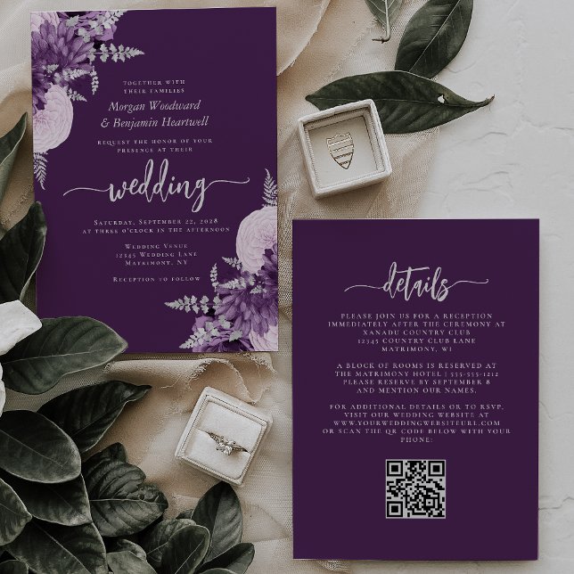 Invitation Mariage de code QR floral violet Lilac Silver (Créateur téléchargé)