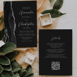 Invitation Mariage de code QR foncé de l'Agate d'argent noir