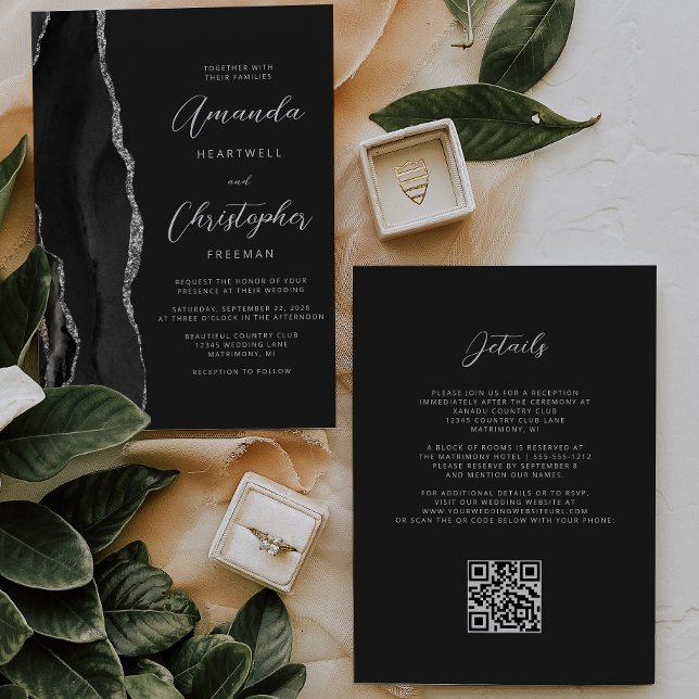 Invitation Mariage de code QR foncé de l'Agate d'argent noir (Créateur téléchargé)