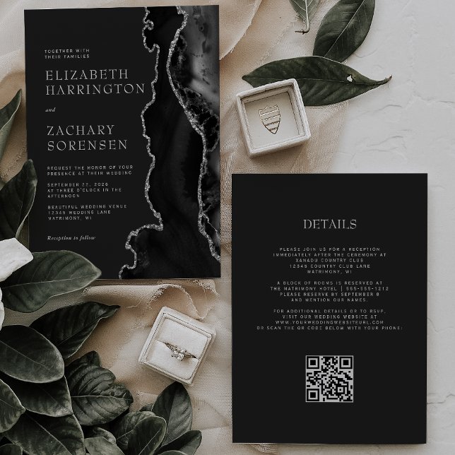 Invitation Mariage de code QR foncé de l'Agate d'argent noir (Créateur téléchargé)