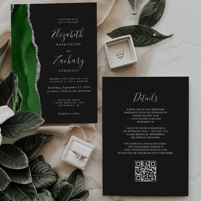 Invitation Mariage de code QR foncé de l'Agate d'argent vert (Créateur téléchargé)