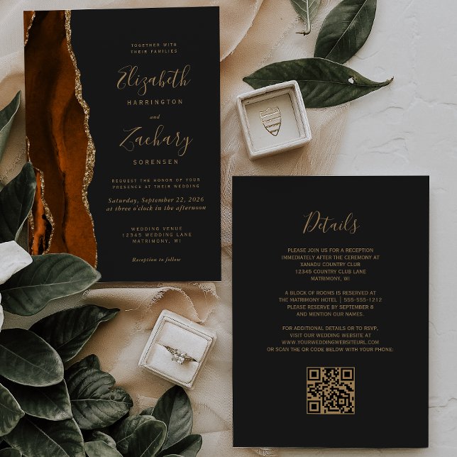 Invitation Mariage de code QR foncé Orange Gold Agate (Créateur téléchargé)