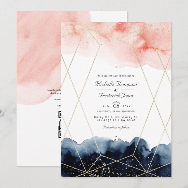 Invitation Mariage de code QR géométrique Marine & Blush Wate (Devant / Derrière)