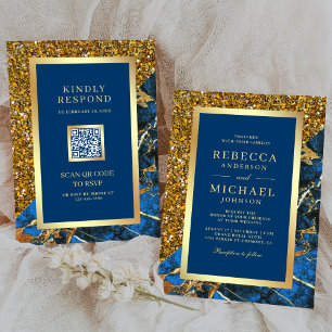 Invitation Mariage de code QR Gold Royal Blue Marble