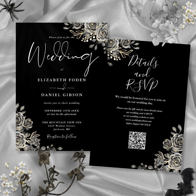 Invitation Mariage de code QR gothique noir et blanc (Black And White Gothic Floral QR Code Wedding Invitation)