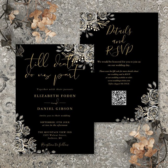 Invitation Mariage de code QR gothique noir et or (Black And Gold Gothic Floral QR Code Wedding Invitation)