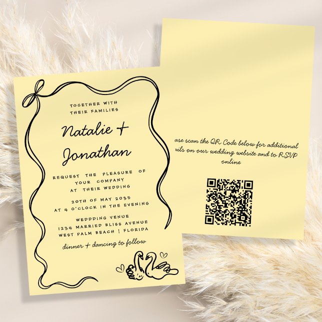 Invitation Mariage de code QR jaune noir rétro Doodles Swans (Créateur téléchargé)