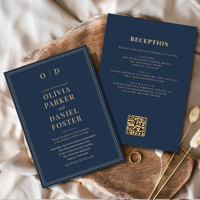 Invitation Mariage de code QR Marine Blue Gold All in One (Créateur téléchargé)