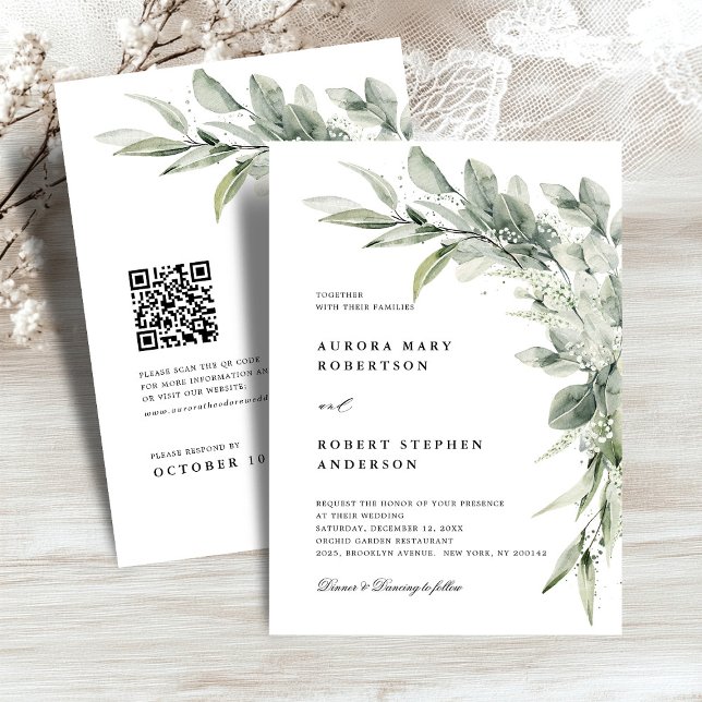 Invitation Mariage de code QR minimaliste Sage Green Eucalypt (Sage Green Eucalyptus Minimalist QR code Wedding Invitation)