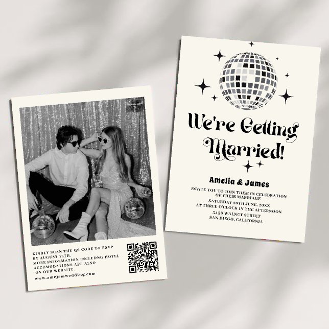 Invitation Mariage de code QR noir blanc noir de Boule Disco  (Créateur téléchargé)