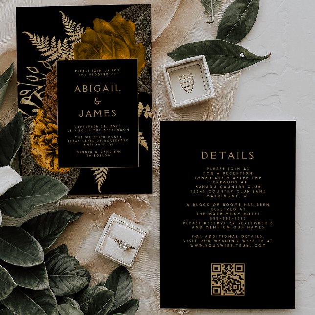 Invitation Mariage de code QR noir Floral Orange or Burn (Créateur téléchargé)