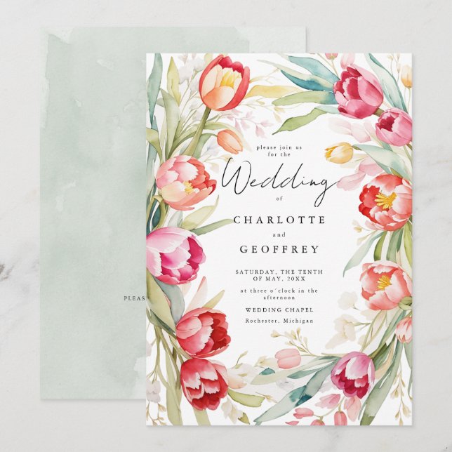Invitation Mariage de code qr pour tulipe d'aquarelle (Devant / Derrière)