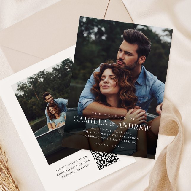 Invitation Mariage de code QR simple superposition photo (Simple typography overlay photo wedding invitation with QR code rsvp on the back.)