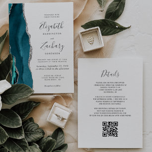 Invitation Mariage de code QR Turquoise moderne Silver Agate