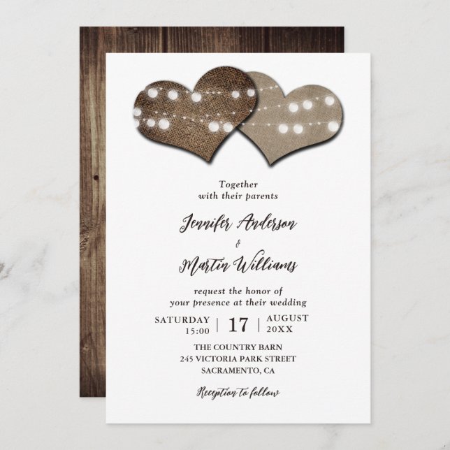 Invitation Mariage de coeur de Burlap en bois rustique (Devant / Derrière)