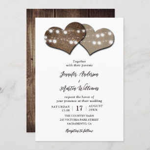 Invitation Mariage de coeur de Burlap en bois rustique