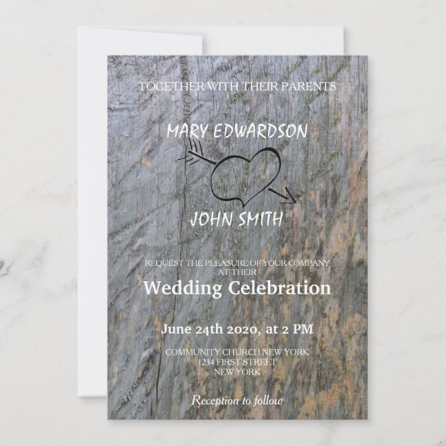 Invitation Mariage de coeur moderne de l'écorce d'arbre rusti (Devant)