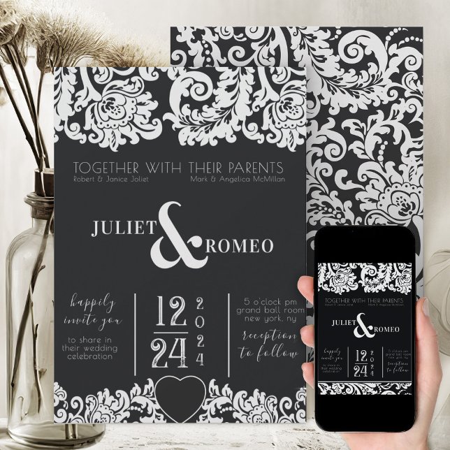 Invitation Mariage de coeur moderne noir et blanc Floral Dama (modern black and white elegant wedding invitation with beautiful floral damask)