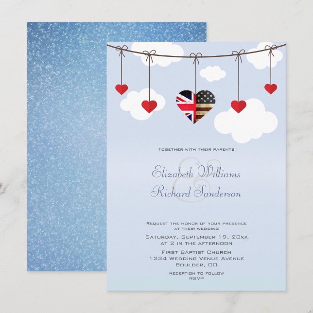Invitation Mariage de coeur romantique britannique américain (Devant / Derrière)