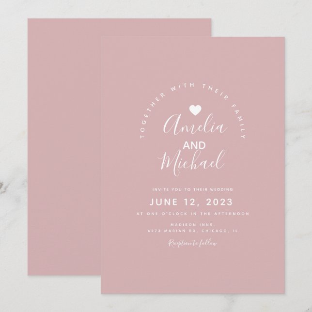 Invitation Mariage de coeur rose muet minimal (Devant / Derrière)