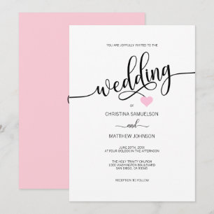 Invitation Mariage de coeur simple noir blanc rose