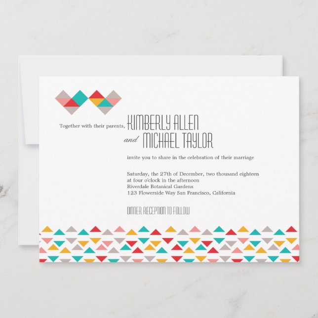 Invitation Mariage de Coeurs triangles géométriques colorés (Devant)