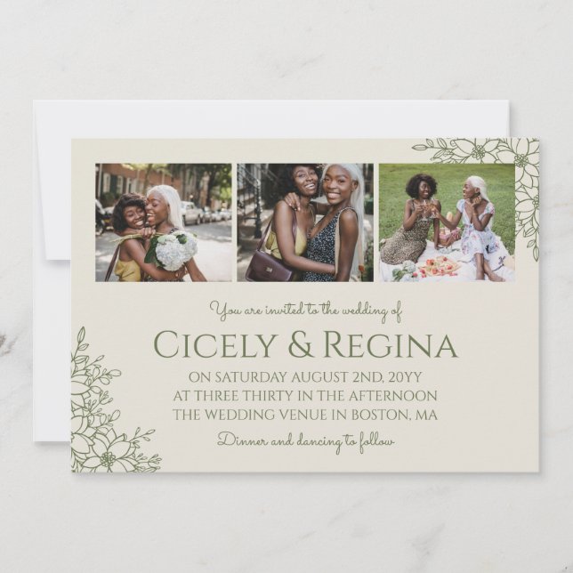 Invitation Mariage de collage de photos florales d'olives et  (Devant)